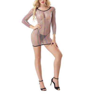 

Women Rainbow Sexy Perspective Sleepwear Round Neck Elastic Erotic Lingerie Nightwear