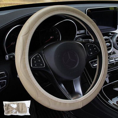 

Car Auto Biege Steering Wheel Cover Elastic Non-Slip Embossed Faux Leather Parts