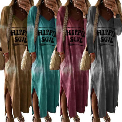 

Womens Long Sleeve Boho Floral Split Party Casual Kaftan Maxi Dress Long Dresses