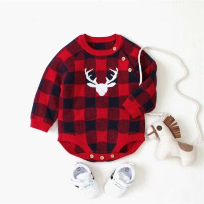 

US Christmas Newborn Baby Girl Boy Knit Bodysuit Xmas Deer Plaid Romper Jumpsuit