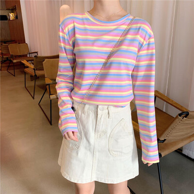 

Womens Casual Rainbow Striped Long Sleeve Blouse Loose Plus Size Autumn Tops