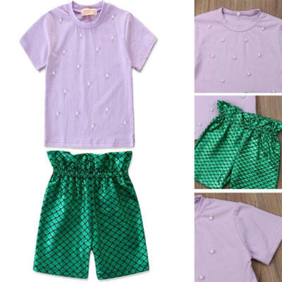 

2-7 Years Toddler Kid Girl Summer Outfits Pearl T-shirt TopShort Pant 2PCS Sets