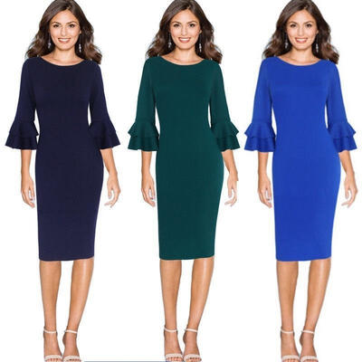 

Womens Fall Elegant 34 Flare Bell Sleeve Work Office Party Bodycon Sheath Dress