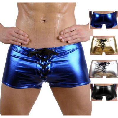 

KMSUNME Mens Faux Leather Underwear Low Waist Lace Up Metallic Shiny Thong Drawstring Boxer Briefs  Blue