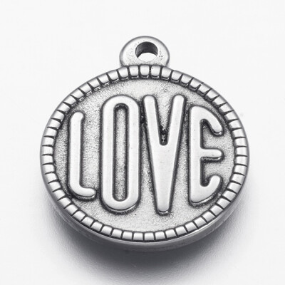 

304 Stainless Steel Pendants Flat Round with Word Love Stainless Steel Color 20x165x2mm Hole 15mm