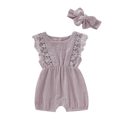 

Summer Baby Girl Rompers Newborn Baby Clothes Toddler Flare Sleeve Solid Lace Design Romper Jumpsuit with Headband One-Pieces