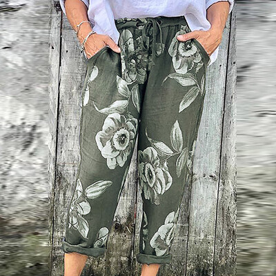 

Plus Size Women Long Pants Summer Boho Floral Pants Pocket Loose Pants