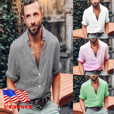 

Men Summer Cotton Linen T Shirt Henley Shirt Casual Loose V Neck Long Sleeve Top