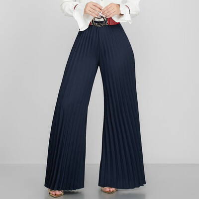 

Fashion Women High Waist Solid Pleated Trousers Casual Wide Leg Loose Sexy Pants