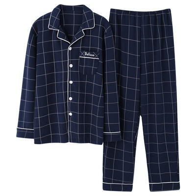 

Mens Knitted Cotton Blue Plaid Pajamas Set Button Down Long Sleeve Pajama With Pants For Autumn