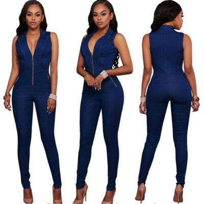 

New Fashion Women Sleeveless Bodycon Cotton Denim Jumpsuit Casual Long Playsuit