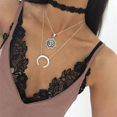 

Bohemian Women Necklaces Om Yoga Lace Moon Crystal Pendant Multilayer Silver Necklace Set Girl Fashion Beach Party Jewelry