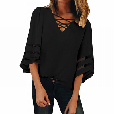 

Solid color loose shirt Womens cross V-neck bell-shaped seven-point sleeve shirt