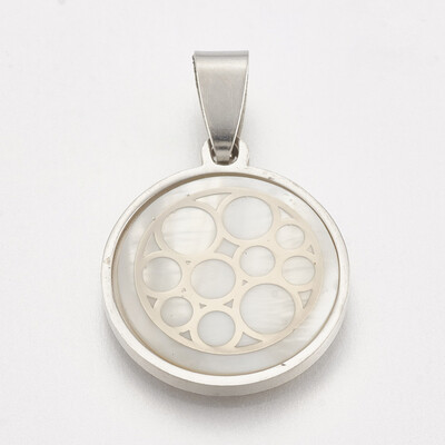 

202 Stainless Steel Pendants with Shell Flat Round with Circle Stainless Steel Color 23x20x34mm Hole 3x6mm