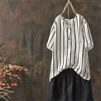 

Womens Summer T-Shirts Casual Striped Commuter V-Neck Short Sleeve Loose Tops