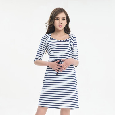 

XUE ZHU Authentic spring&summer simple refreshing comfortable breathable soft horizontal short-sleeved dress 13265