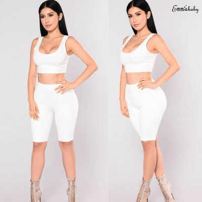 

Womens Two Pieces Outfit Sexy Sleeveless Crop Tank Top Bodycon Shorts Pant Sets