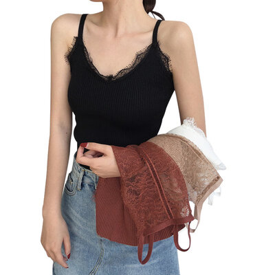 

Womens V Neck Sleeveless Slim Lace Stitching Knitted Tank Top