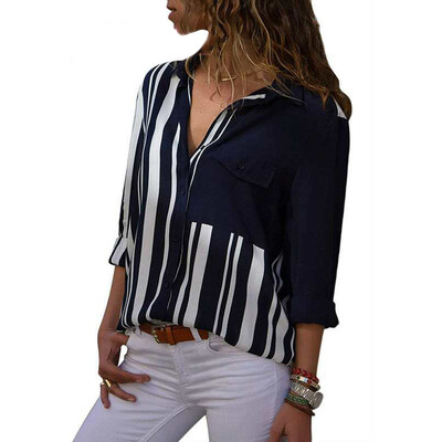 

Womens Lapel Collar Shirt Printed Button Down Tops V Neck Office Loose Blouse