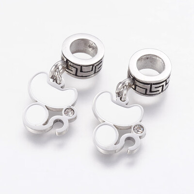 

304 Stainless Steel European Dangle Beads Large Hole Pendants with Rhinestone&Enamel Cat Antique Silver 245mm