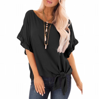 

Solid color loose blouse round neck ruffled short sleeve knotted shirt