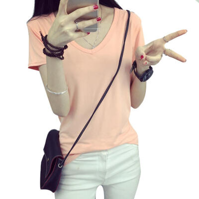 

Women Solid Color Cotton T Shirt Sexy V Neck Summer Short Sleeve Basic Tee