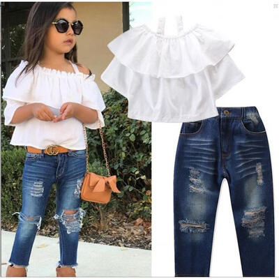 

Kids Baby Girls Summer Outfits Clothes Ruffle Sleeve Sling T-shirt TopsDenim Ripped Long Pants Set