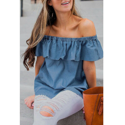 

Womens Sexy Summer Off Shoulder Tops Casual Party Shirt Cotton Denim Blouse