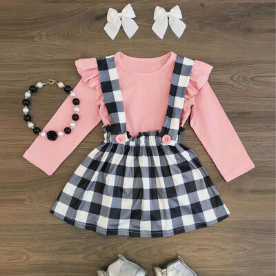 

Toddler Baby Girls Lattice Strap Skirt Long Sleeve T-Shirt Ruched Outfits Set