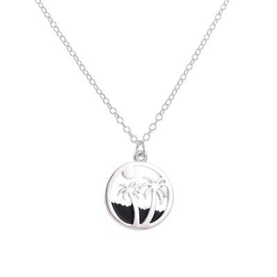 

Trendy Beach Jewelry Silver Color Alloy Sun Palm tree Round Charm Pendant Necklace For Women Gift