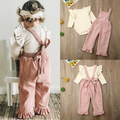 

US Kids Baby Girl Flying Sleeve Bodysuit Tops Strap Wavy Side Pants Clothes 2PCS