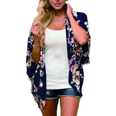 

Women Casual Floral Short Sleeve Kimono Shawl Blouse Top Beach Cover Up Blouse