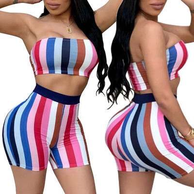 

Women Striped Jumpsuit Bandage Rompers Co Ord Set Beach 2PCS Matching Outfit