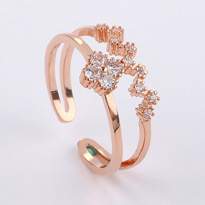 

New Style Four Leaf Clover Style Rhinestones Micro Setting Double Rows Lady Finger Ring Wholesale