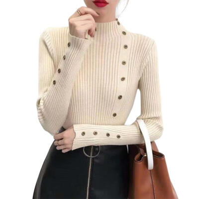 

Women Autumn Knit Base Shirt Half High Collar Pure Color Slim Pullover Tops