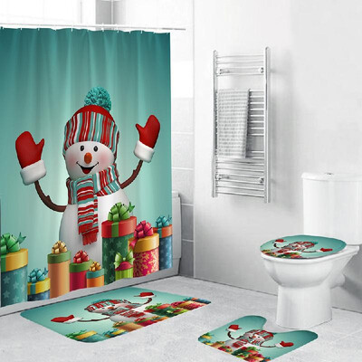 

4 Piece Christmas Theme Bathroom Decoration Non Slip Rug Toliet Cover Bath Mat Shower Curtain