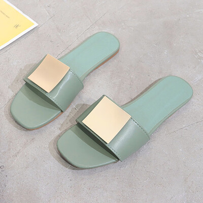

Women with slippers wearing Korean version of "Baitao" one-word slipper with soft sole beach shoes chic sandals outside summer