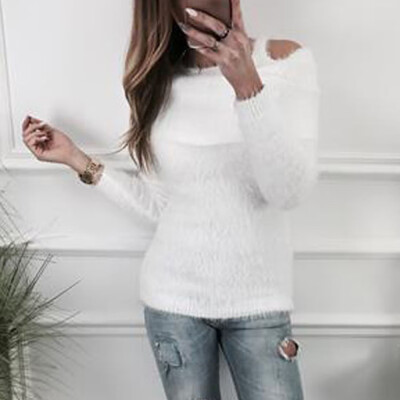 

Gobestart Women Solid Fluffy Sweater Jumper Cold Shoulder Long Sleeve Pullover Tops Blouse