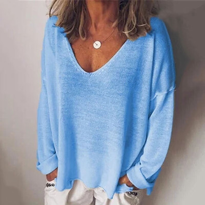 

2019 Autumn Fashion Casual Women V-neck Long sleeves Loose Solid color T-shirt