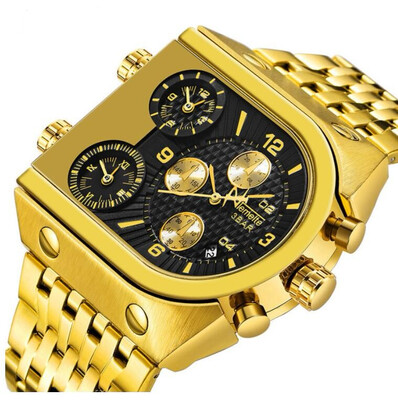 

Top Brand Men 3 Times Zone Quartz Watches Square male Military sports watch Luxury Gold Stainless Steel clock