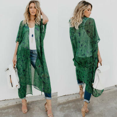 

Womens Floral Loose Kimono Cardigan Boho Beach Chiffon Tops Long Coat Blouse