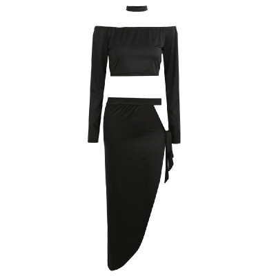 

Sexy Women Off Shoulder Two Piece Set Long Sleeve Tie Side Slit Asymmetric Party Club Dress Crop Top Skirt with Choker