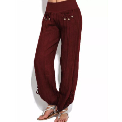 

Summer Womens Casual Button Loose Yoga Pants Solid Colour Wide-Legged Trousers