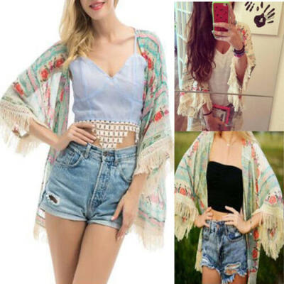 

Women Floral Shawl Kimono Cardigan Tops Summer Cover Up Blouse Beachwear Coat US