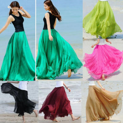 

Women Boho Double Layer Long Maxi Dress Chiffon Sundress Summer Lady Beach Skirt