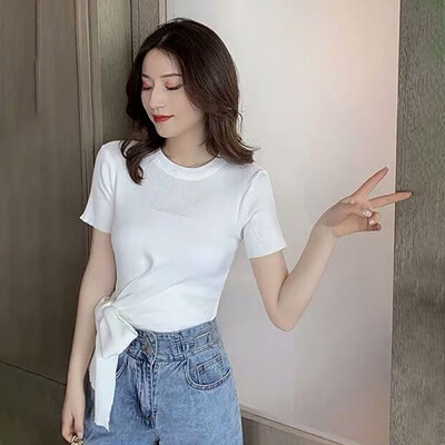 

Womens Pullover Casual Round Sleeve Slim Lace Up Top T-Shirt