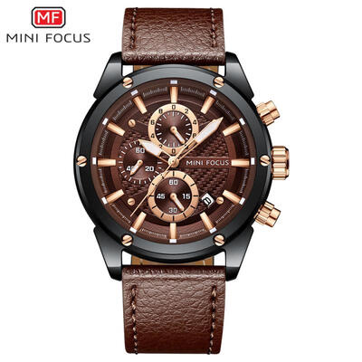 

MINI FOCUS Mens Watch Sports Multifunction Alloy Quartz Watches Luminous Calendar Waterproof Leather Belt MF0161G