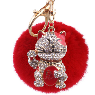 

New lucky cat hair ball key chain inlaid color diamond three-dimensional bag pendant car decoration