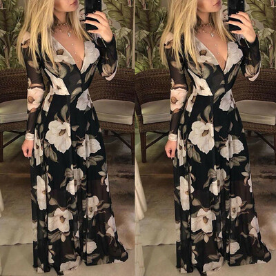 

Women Long Sleeve Floral Boho Long Maxi Dress Ladies Casual Dress Size  M L XL