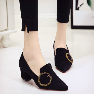 

Black High-heeled Womens Rough-heeled Autumn Tip Mid-heeled Xiao Qingxin Korean Baitao Summer GirlsSingle Shoes